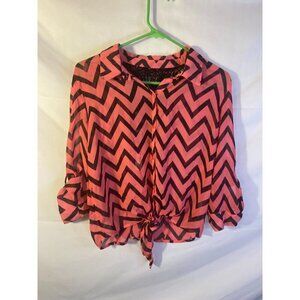 2000s Y2K Vibes Chevron Sheer top Shirt Blouse Pink Black Crochet Womens Large L